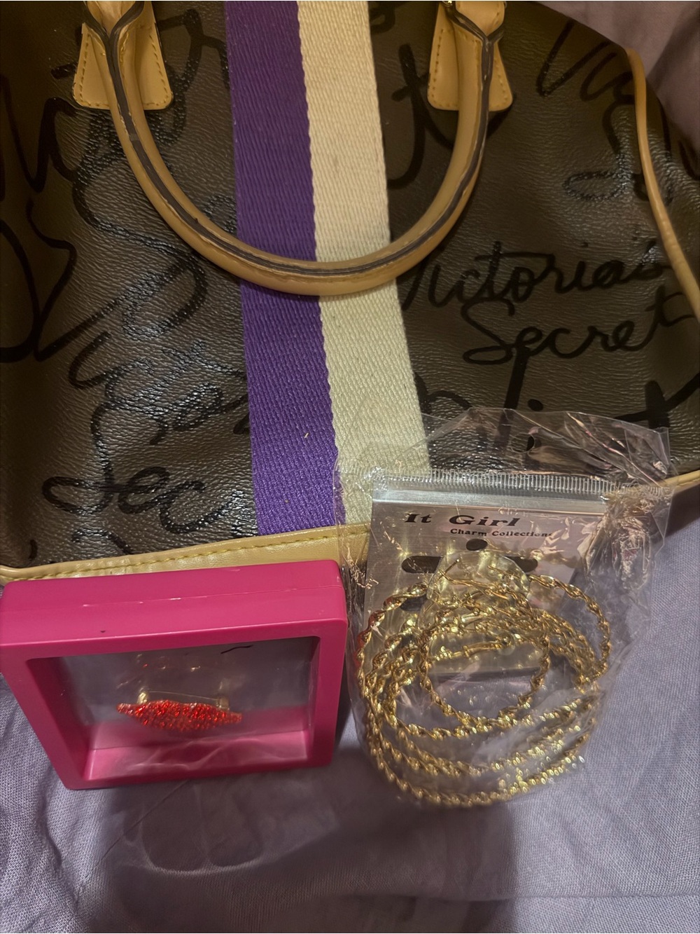Victoria's Secret Brown Tote with Purple and Cream Stripe + Gold Charm Set